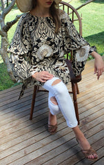 Kaftan Blouse Mocca, Aubergine Paisley